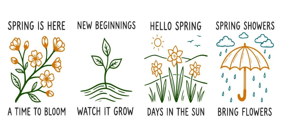 Hand-drawn spring doodle set with minimal line illustrations Stock Illustration