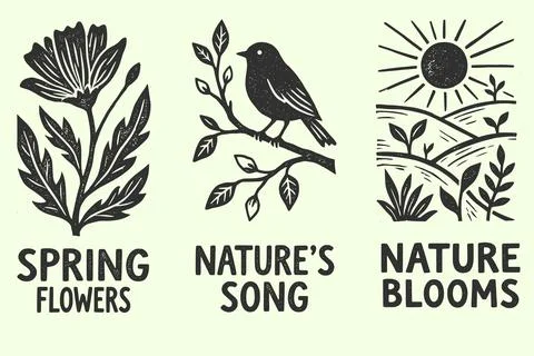 Hand-drawn spring illustration set in black and white linocut style Stock Illustration