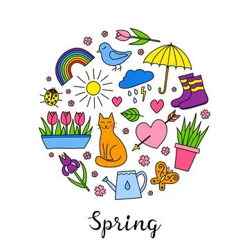 Hand drawn spring items in circle. Stock Illustration