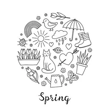 Hand drawn spring items in circle. 스톡 일러스트