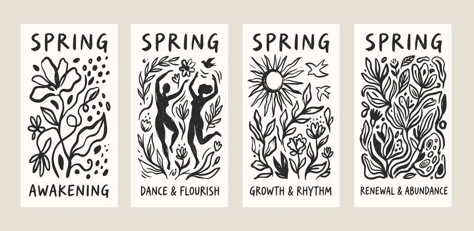 Hand-drawn spring poster set in black-and-white linocut style Stock Illustration