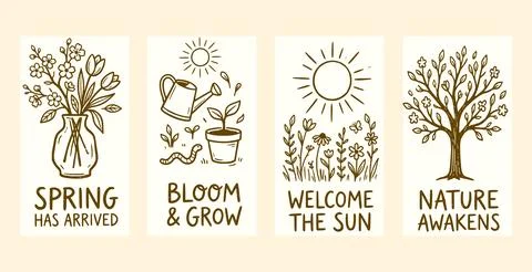 Hand-drawn spring poster set in minimal line style with brown outlines Stock Illustration