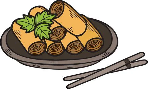 Hand Drawn spring roll Chinese and Japanese food illustration Stock Illustration