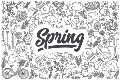 Hand drawn spring vector doodle set. Stock Illustration