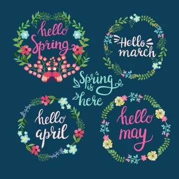 Hand drawn spring wreaths with text Hello spring, march, April, may lettering Stock Illustration