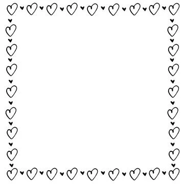 Hand drawn square frame, border from black outline hearts. Simple romance sym イラスト素材