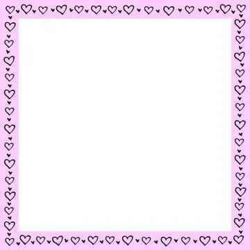 Hand drawn square frame, border from black outline hearts. Simple romance sym イラスト素材