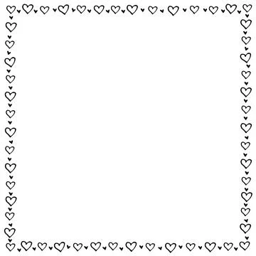 Hand drawn square frame, border from black outline hearts. Simple romance sym イラスト素材
