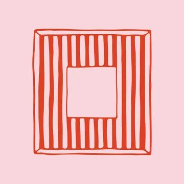 Hand drawn square frame with thin red vertical stripes on pink background Stock Illustration