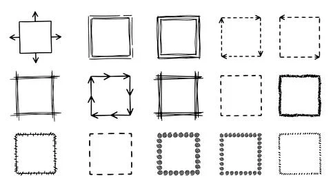 Hand Drawn Square Frames Doodle Borders Sketch Outline Design Set Stock Illustration