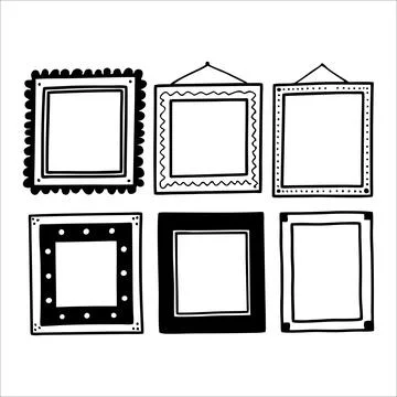 Hand-Drawn Square Frames Set – Decorative Borders, Hanging Photo Elements, Stock Illustration