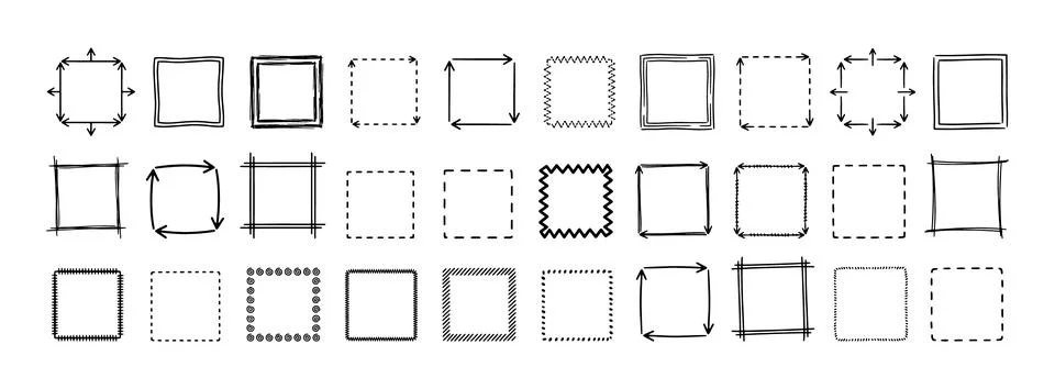 Hand Drawn Square Frames Sketch Doodle Borders Design Collection Stock Illustration