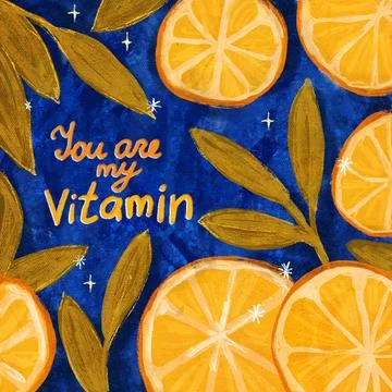 Hand drawn square illustration with oranges fruit leaves. You are my vitamin Stock Illustration