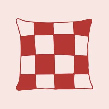 Hand drawn square pillow with red and white checkerboard pattern. Trendy Stock Illustration