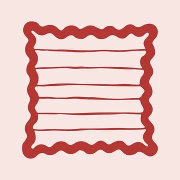 Hand drawn square pillow with wavy edges and horizontal red stripes. Decorative Stock Illustration