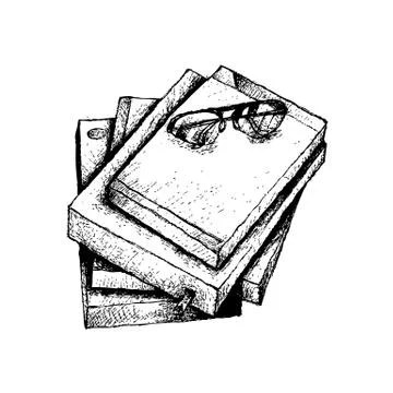 Hand Drawn Stack of Books with Glasses Stock Illustration