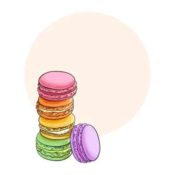 Hand drawn stack of colorful macaron, macaroon almond cakes Stock Illustration