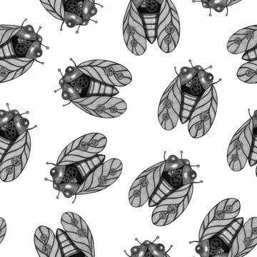 Hand-Drawn Steampunk Cicada Seamless Pattern on White Background. 스톡 일러스트