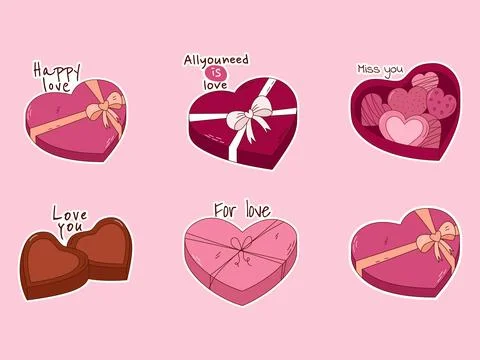 Hand drawn sticker set of chocolates in a box for Valentine day. Design ele.. Stock Illustration