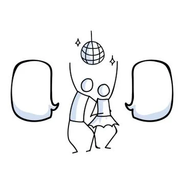 Hand drawn stickman disco dancer couple with ball concept. Simple outline Stock Illustration