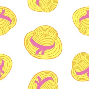 Hand drawn straw hat seamless pattern in cartoon style Stock Illustration