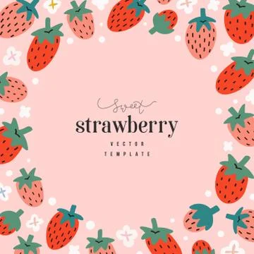Hand drawn strawberry frame template, circle border with copyspace for text Stock Illustration