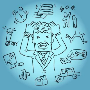 Hand drawn Stressed Man at Work Grabbed His Head. Businessman Vector Illustra Illustrazione stock