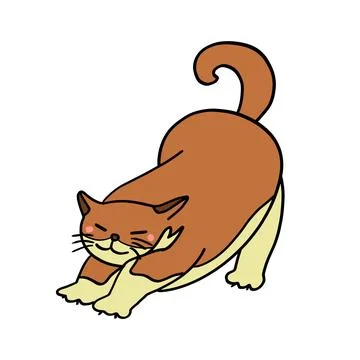 Hand drawn stretching brown cat on a white background Stock Illustration