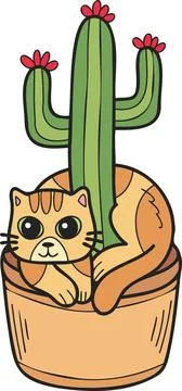 Hand Drawn striped cat and cactus illustration in doodle style Stock Illustration