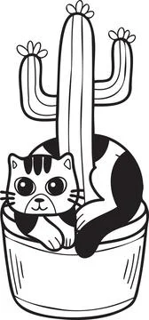 Hand Drawn striped cat and cactus illustration in doodle style Stock Illustration