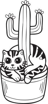 Hand Drawn striped cat and cactus illustration in doodle style Stock Illustration