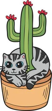 Hand Drawn striped cat and cactus illustration in doodle style Stock Illustration