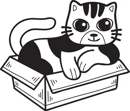 Hand Drawn striped cat in box illustration in doodle style Stock Illustration