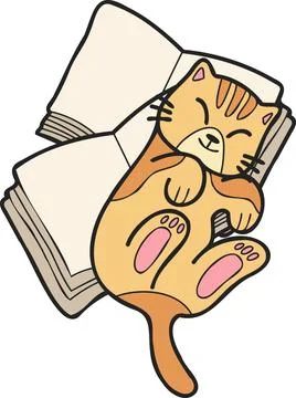 Hand Drawn striped cat lying on stack of books illustration in doodle style Illustration