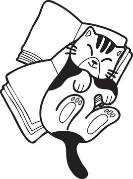 Hand Drawn striped cat lying on stack of books illustration in doodle style Illustration