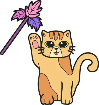 Hand Drawn striped cat playing with toys illustration in doodle style Stock Illustration