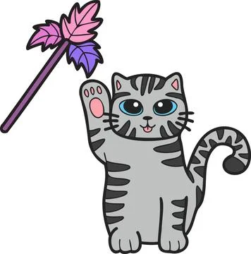 Hand Drawn striped cat playing with toys illustration in doodle style イラスト素材
