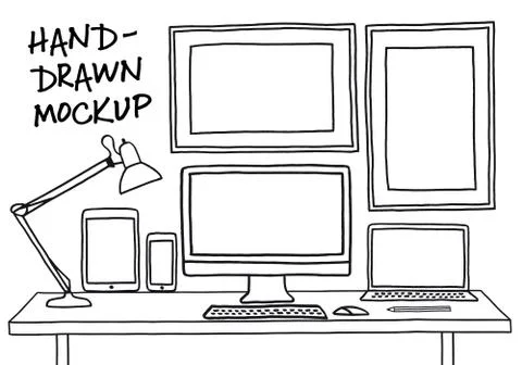 Hand-drawn studio mockup with computer, vector Stock Illustration