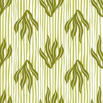 Hand drawn style seamless pattern with green olive seaweed shapes. White and  Stockillustratie
