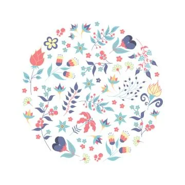 Hand drawn style summer or spring floral design element or logo in circle sha Stock Illustration