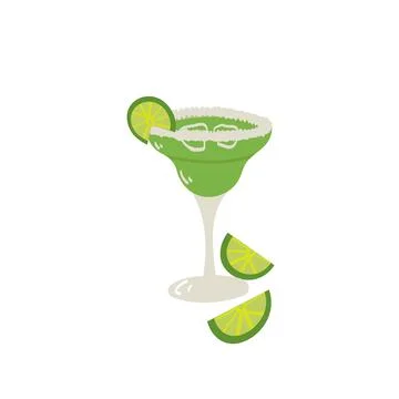 Hand drawn style of vector Illustraction of margarita cocktail and lime. Stock Illustration