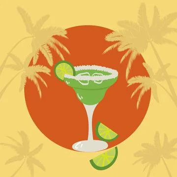 Hand drawn style of vector Illustraction of margarita cocktail and lime. Stock Illustration