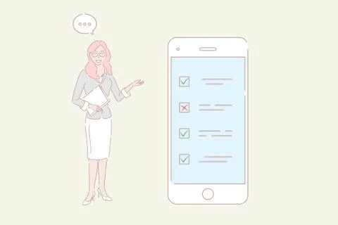 Hand drawn style vector illustration of mobile survey, customer review. Stock Illustration