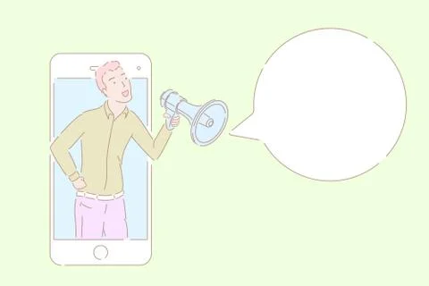 Hand drawn style vector illustration of a man speaking from a smartphone. Stock Illustration