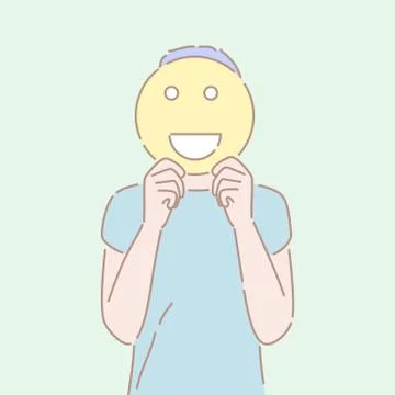 Hand drawn style vector of a man holding an smiling sign in front of his face. Stock Illustration