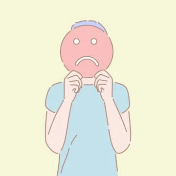 Hand drawn style vector of a man holding an sad sign in front of his face. Stock Illustration