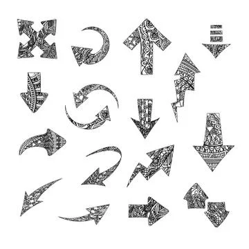 Hand drawn stylized arrows vector collection. Set of doodle tribal pointers Stock Illustration