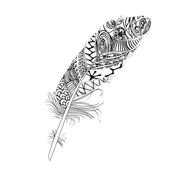 Hand drawn stylized boho feather and doodle tribal ornamental black feather Stock Illustration