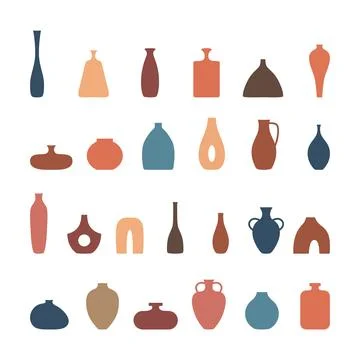Hand drawn stylized Ceramic Vase set. Silhouettes of monochrome flower vases Stock Illustration