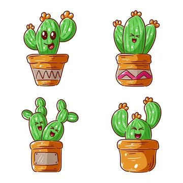 Hand drawn stylized cute cactus design set Stock Illustration
